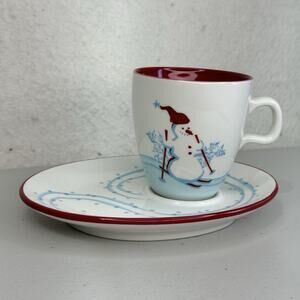 Starbucks HOLIDAY 2007 Snowman/Penguin Espresso Mug Cup & Saucer Plate 2pc Set